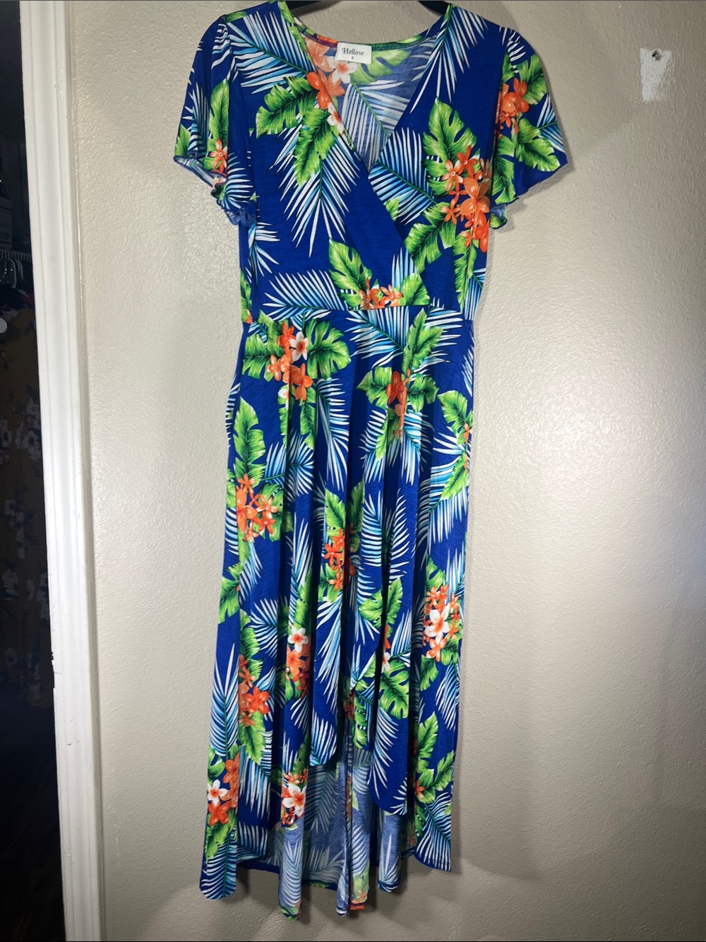 Hellow Tropical Floral High Low Wrap Dress Blue Orange Palm Leaf D1856 Small